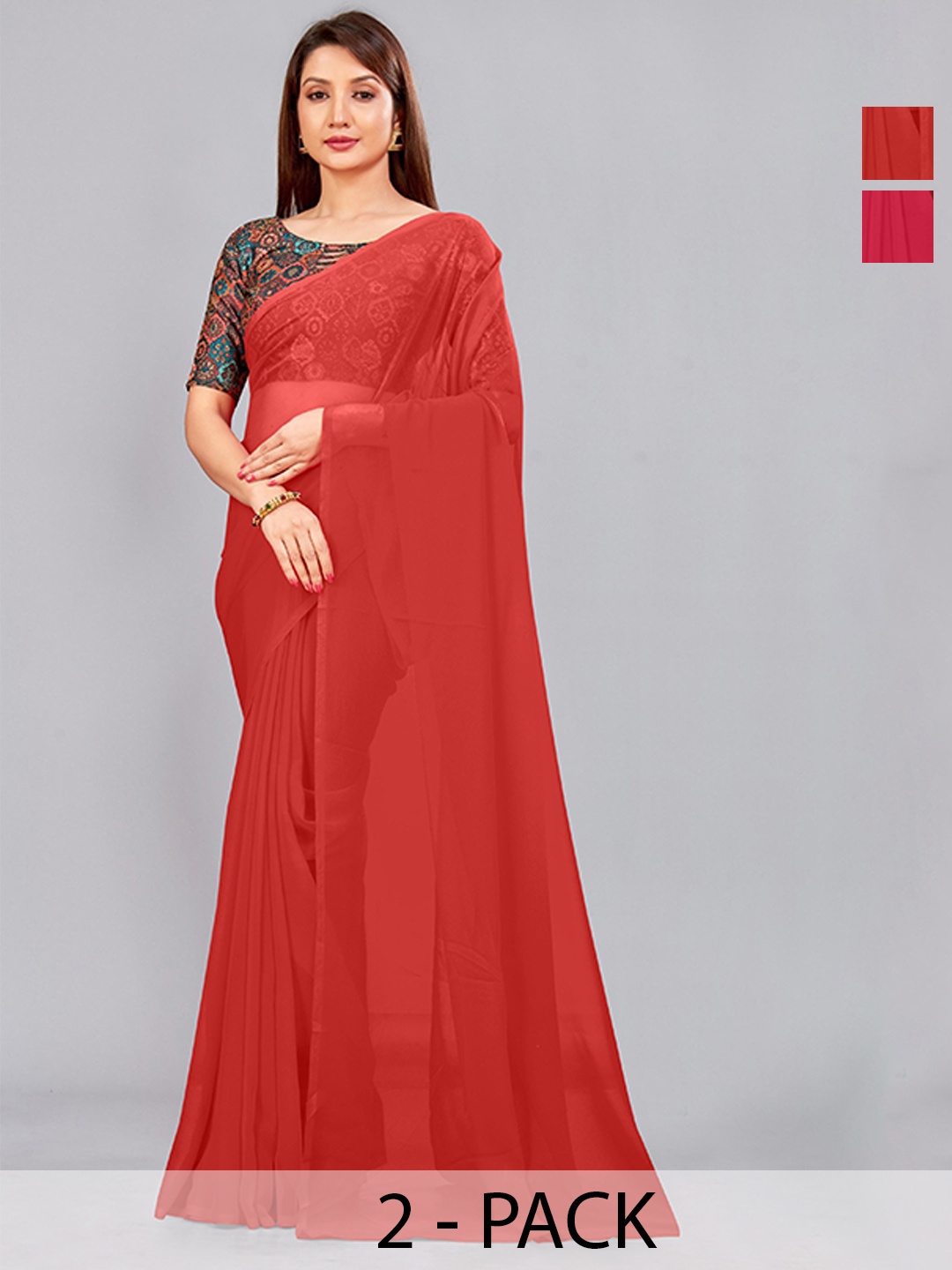 

CastilloFab Pack Of 2 Pure Georgette Saree, Red