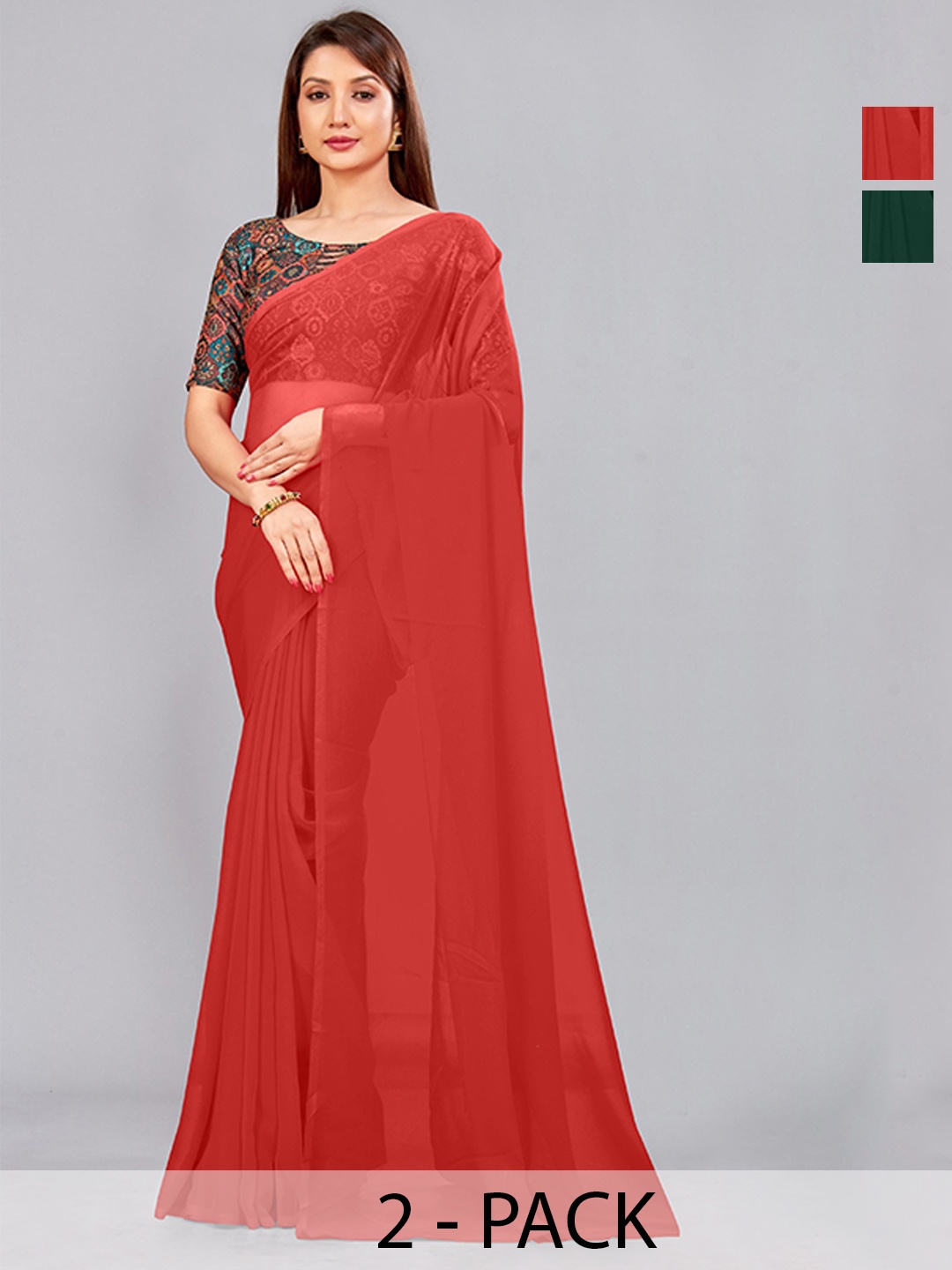 

CastilloFab Selection Of 2 Pure Georgette Saree, Red