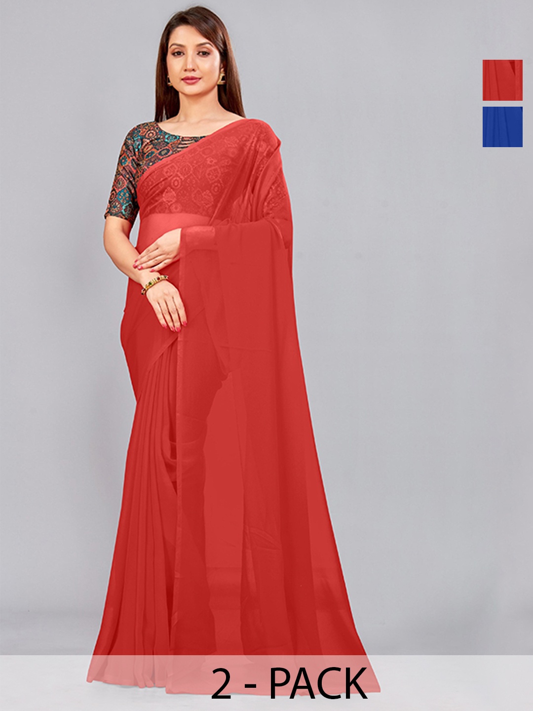 

CastilloFab Pack Of 2 Pure Georgette Saree, Red