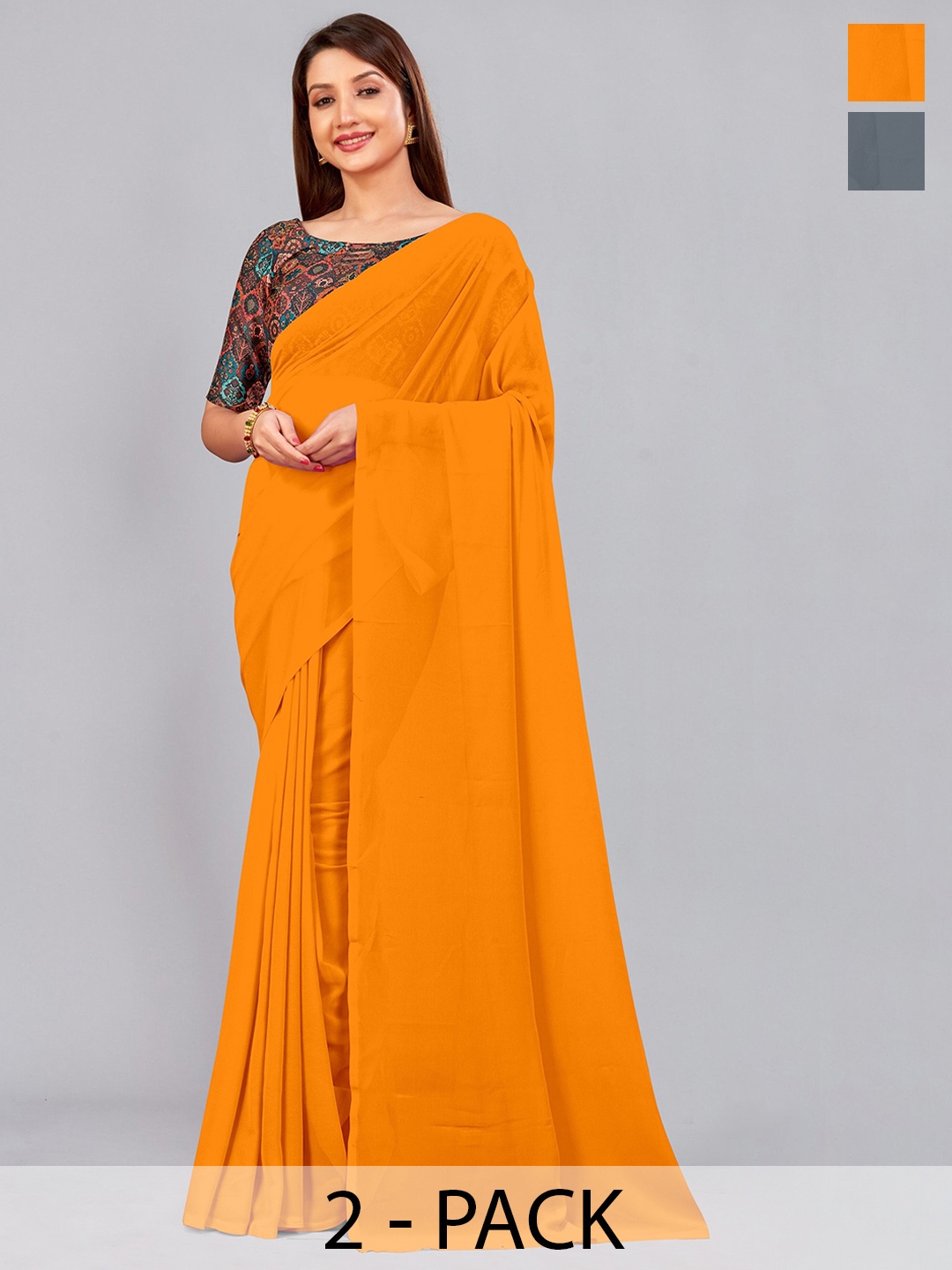 

CastilloFab Selection Of 2 Ethnic Pure Georgette Sarees, Mustard