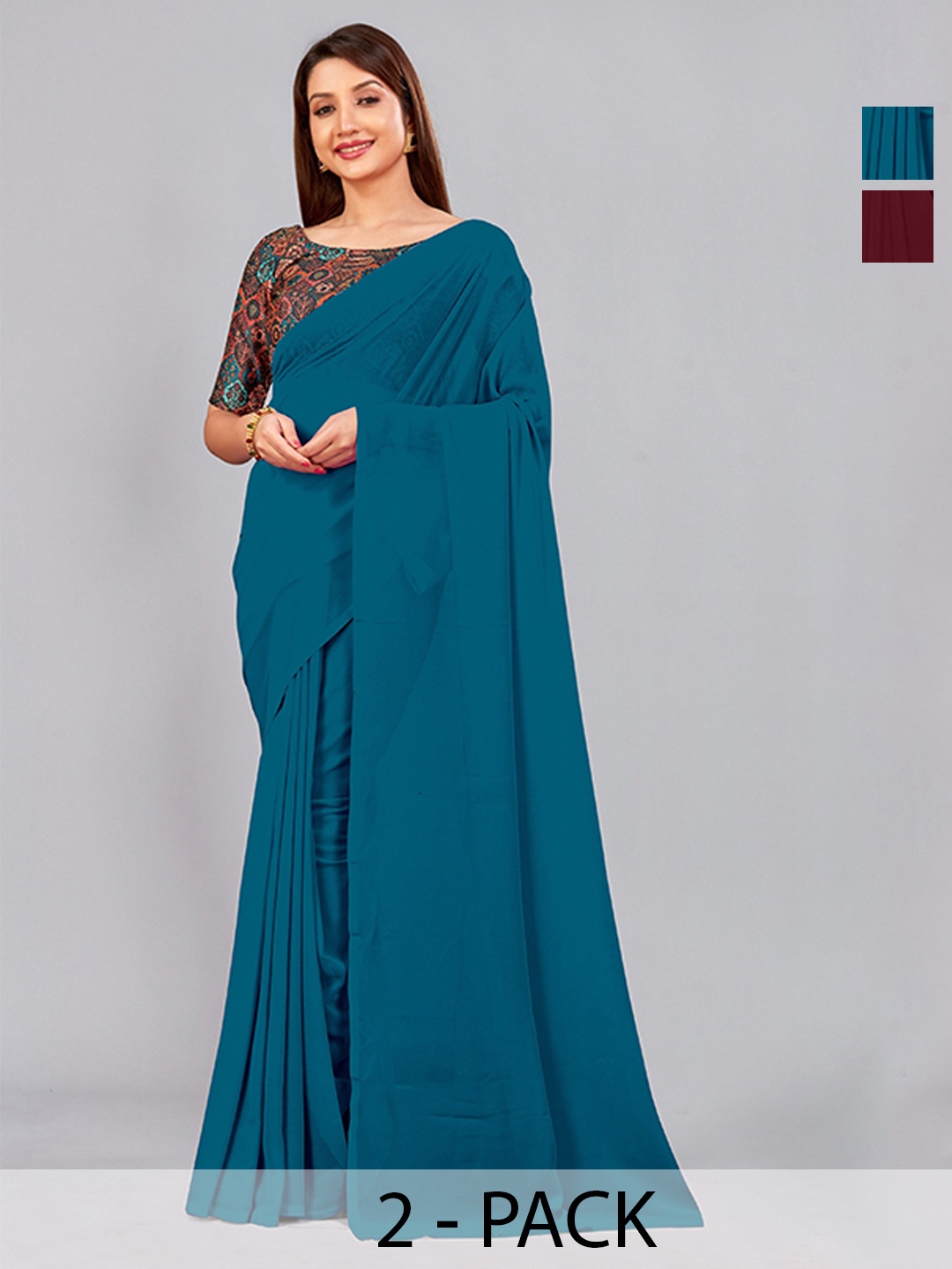 

CastilloFab Pack Of 2 Pure Georgette Sarees, Teal