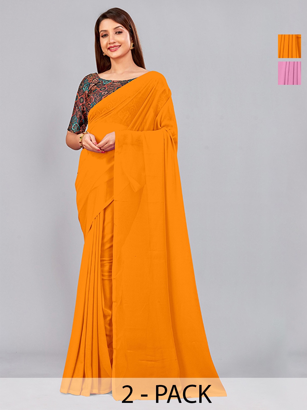 

CastilloFab Selection Of 2 Pure Georgette Saree, Mustard