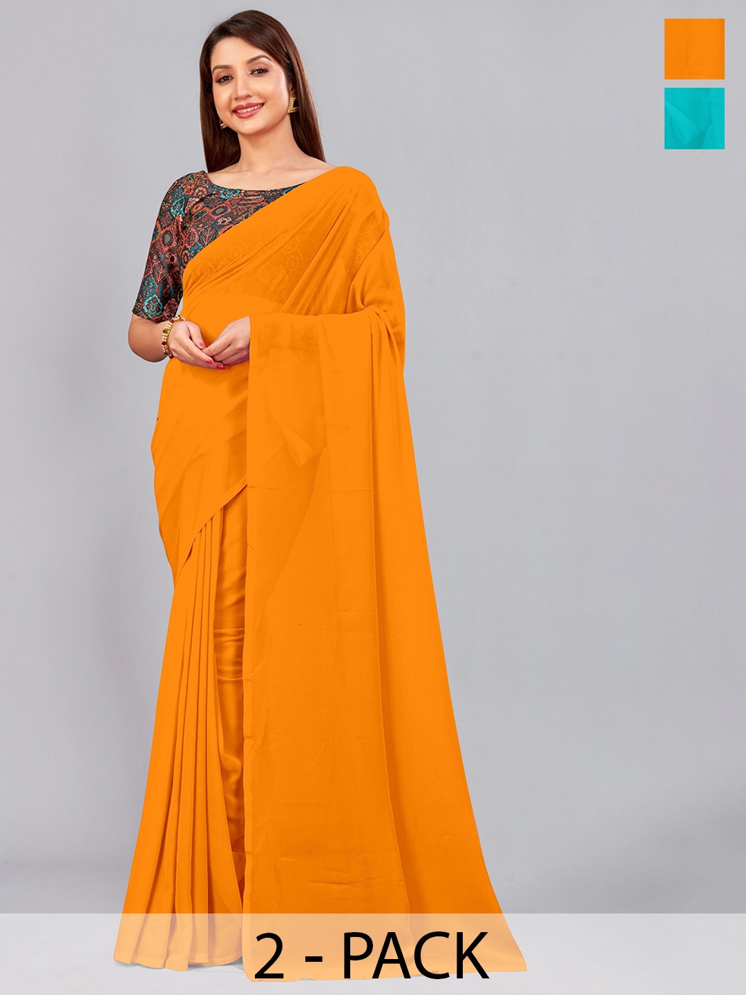

CastilloFab Selection Of 2 Pure Georgette Saree, Mustard