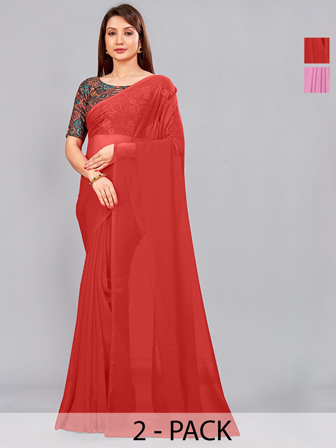 

CastilloFab Selection Of 2 Pure Georgette Saree, Red