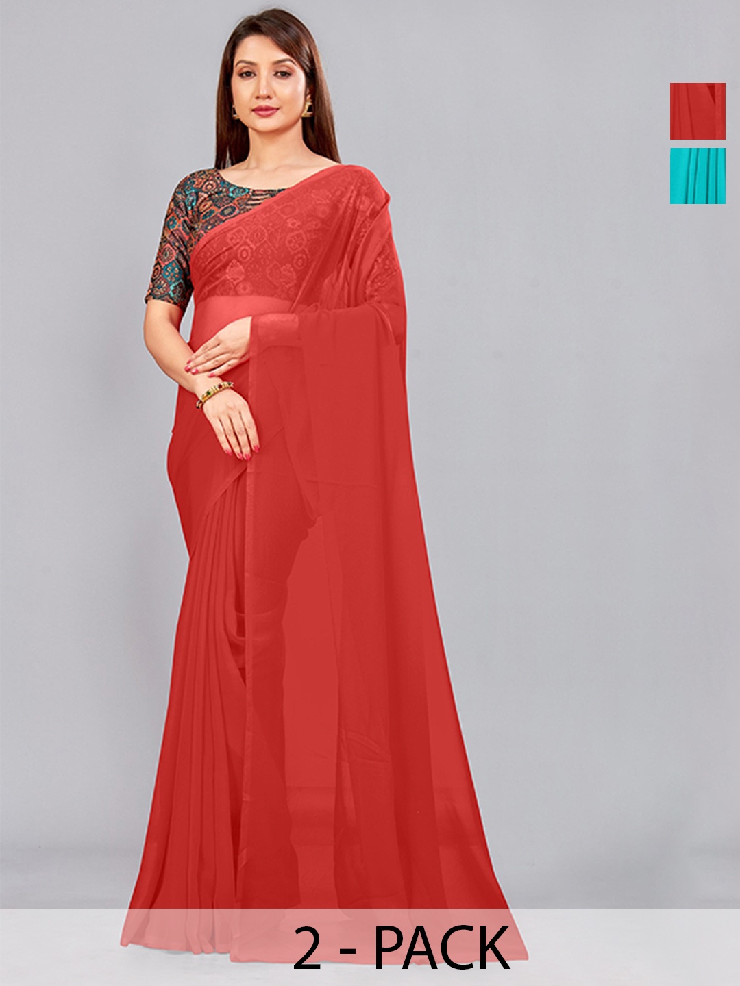 

CastilloFab Selection Of 2 Ethnic Pure Georgette Sarees, Red