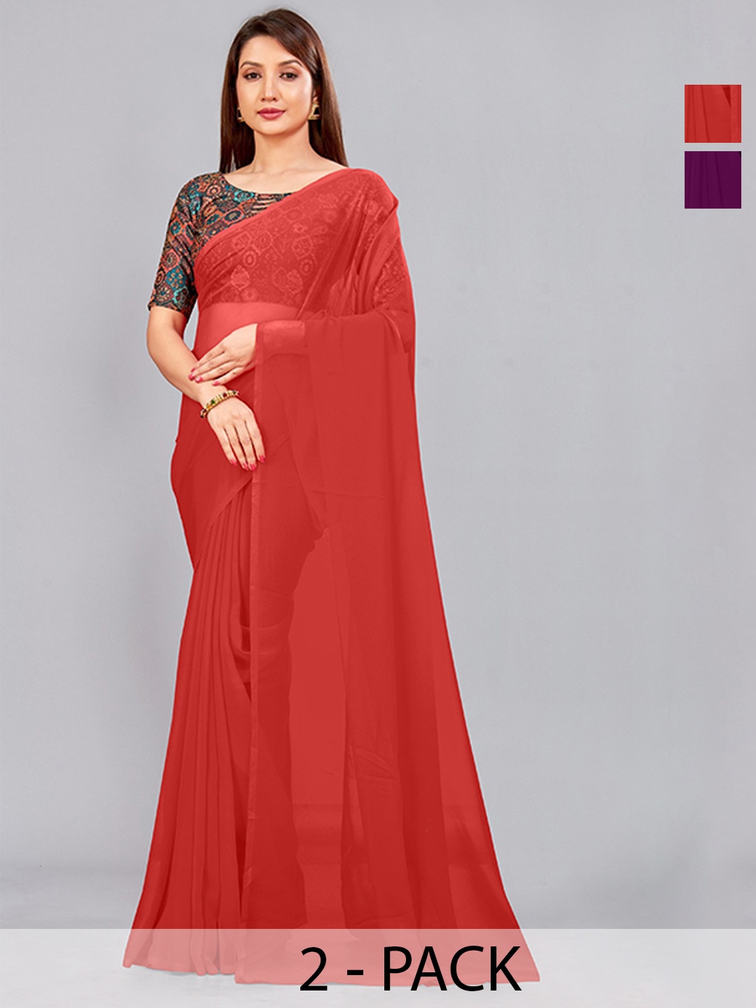 

CastilloFab Selection Of 2 Pure Georgette Saree, Red