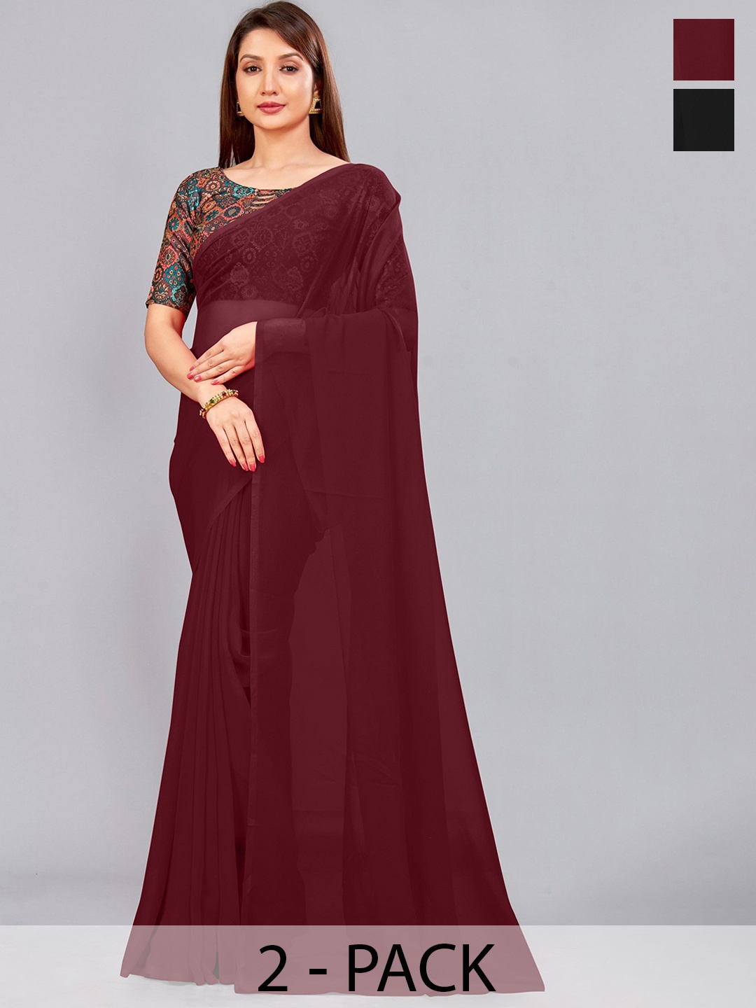 

CastilloFab Selection of 2 Sarees Pure Georgette Saree, Maroon