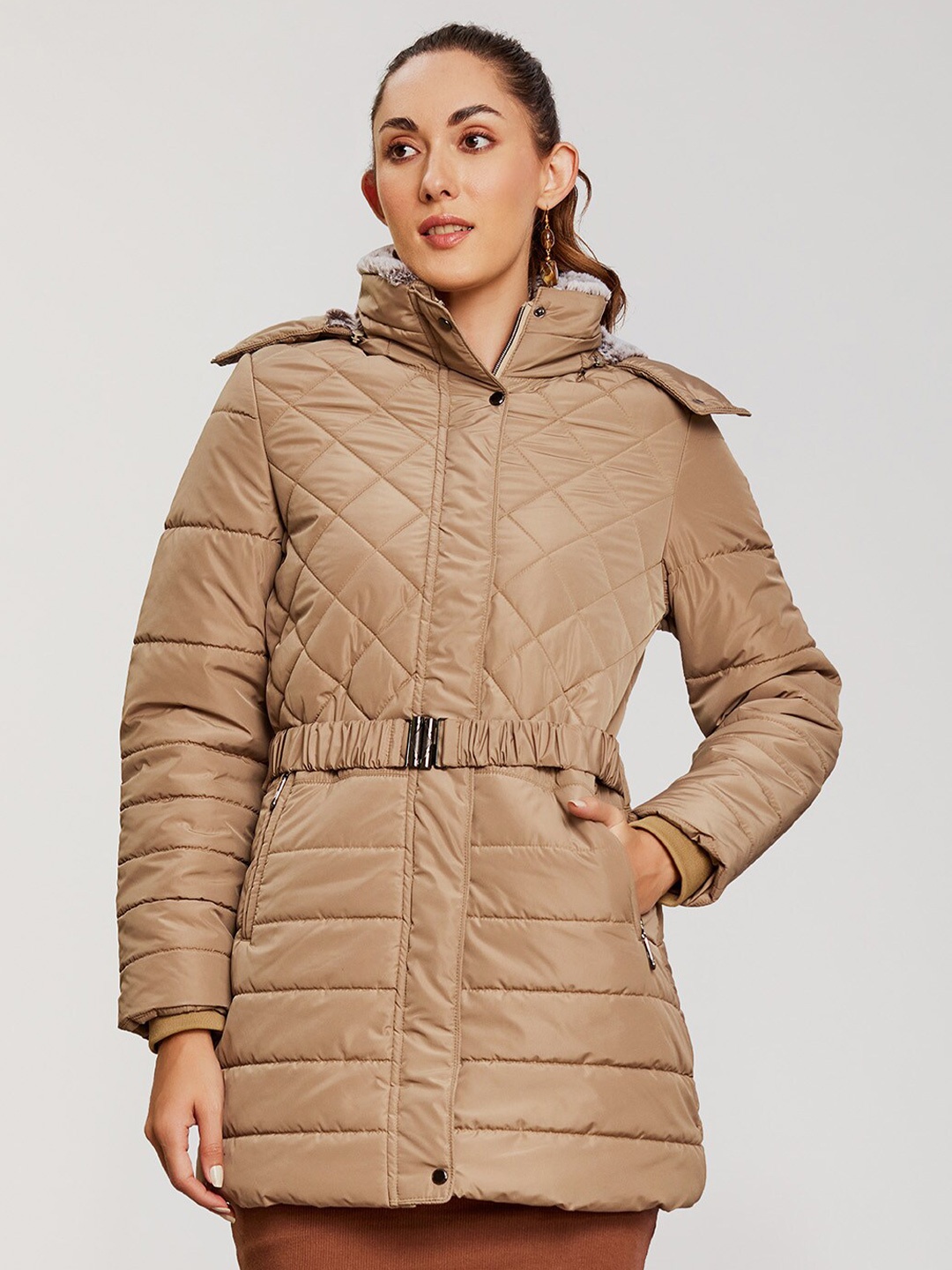 

LURE URBAN Checked Longline Quilted Jacket With Belt, Beige