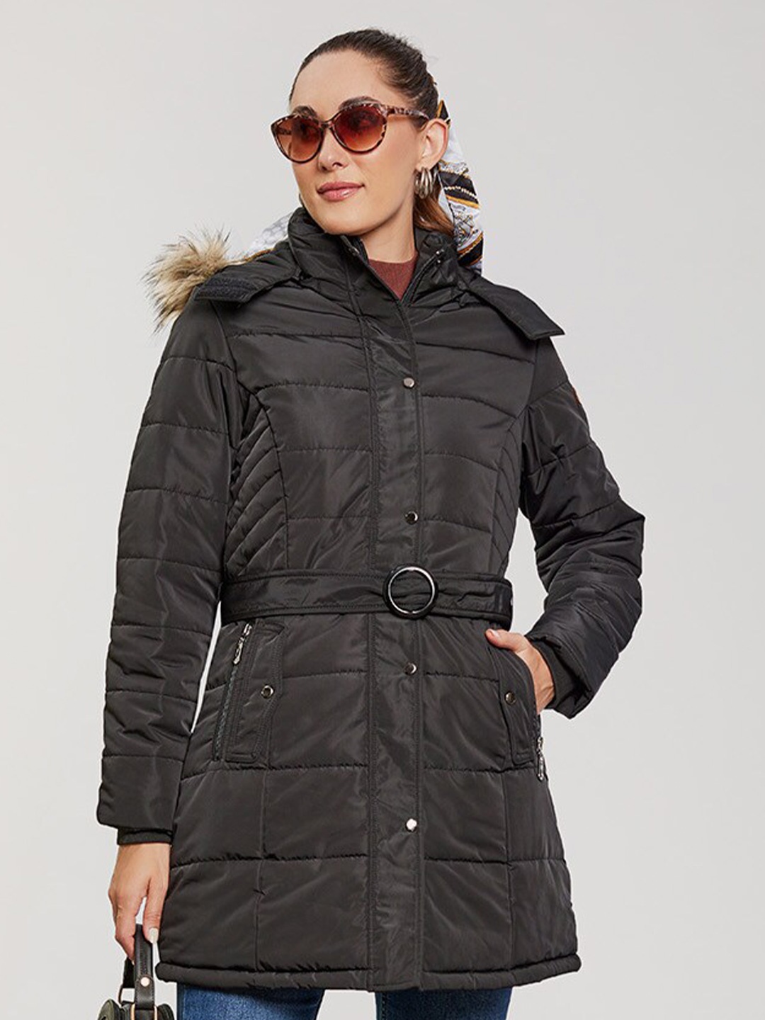 

LURE URBAN Hooded Puffer Jacket With Belt, Black