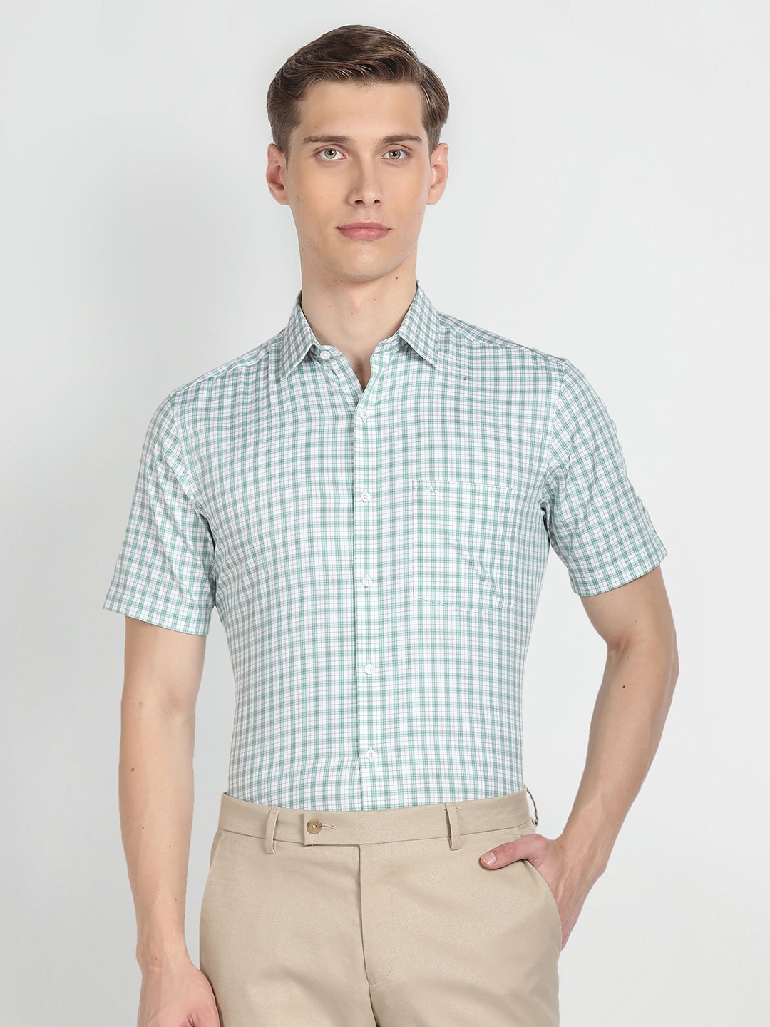 

Arrow Gingham Checks Slim Fit Cotton Twill Formal Shirt, Green