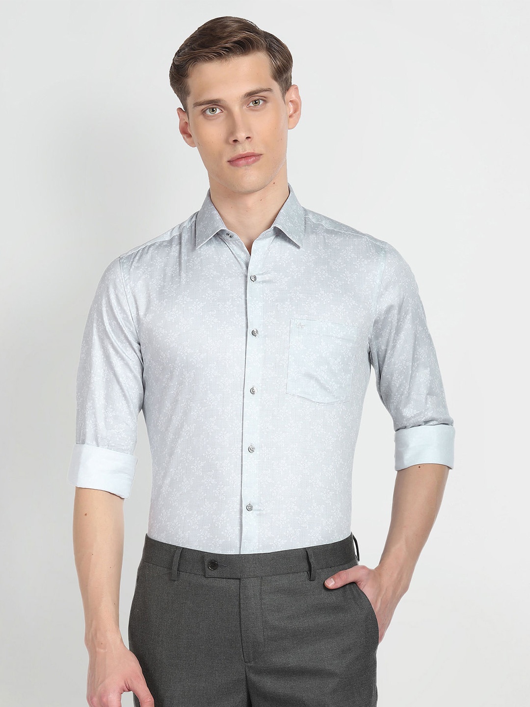Arrow Floral Printed Spread Collar Long Sleeves Slim Fit Opaque Formal Shirt, Grey