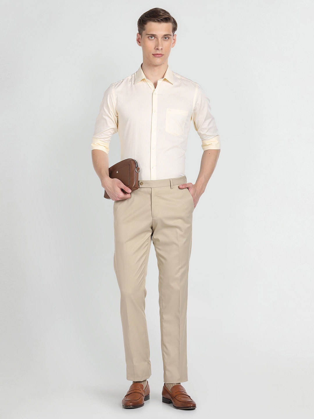 

Arrow Spread Collar Twill Weave Cotton Slim Fit Formal Shirt, Beige