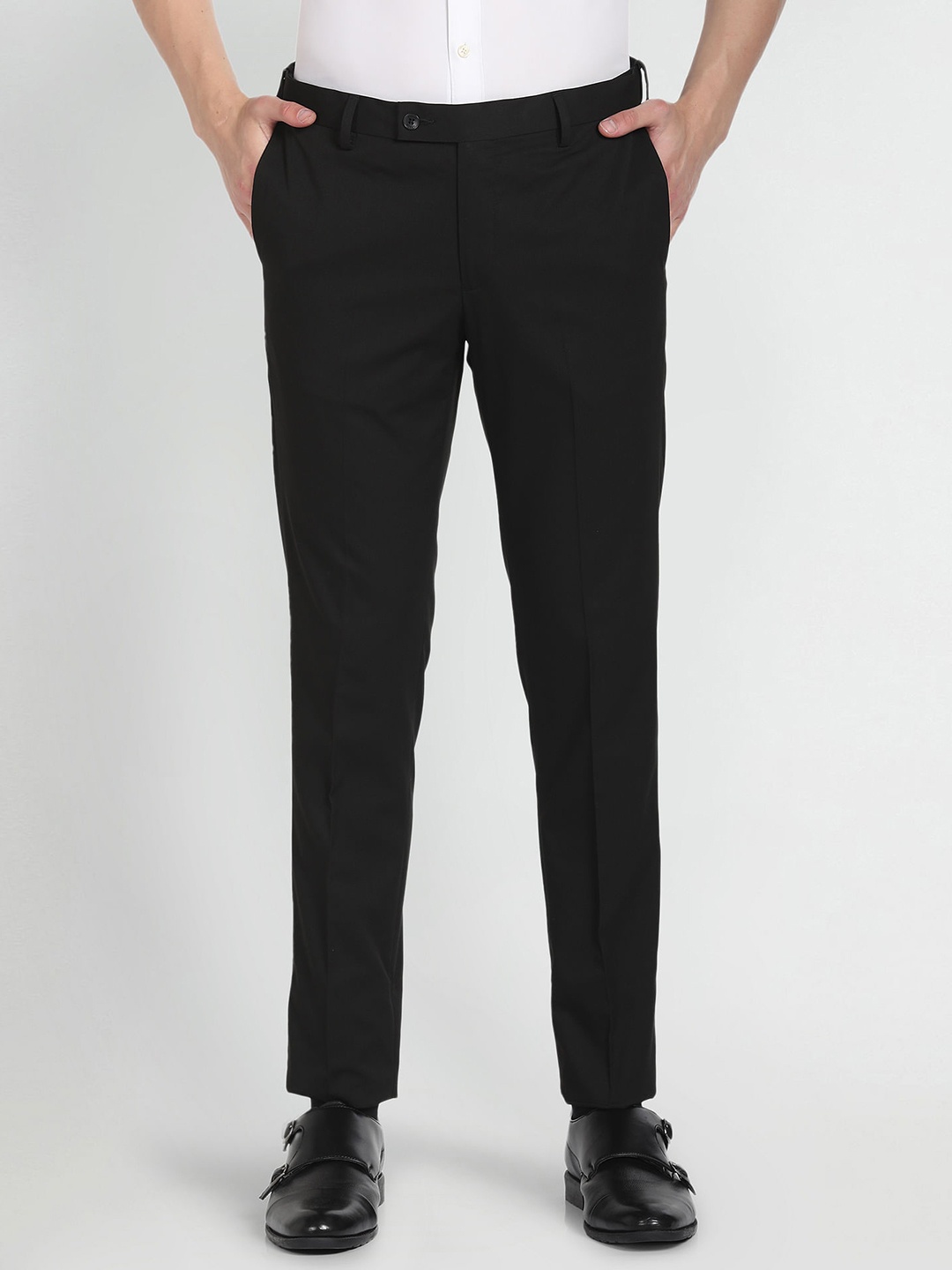 

Arrow Men Regular Fit Flat-Front Mid-Rise Snap Button Formal Trousers, Black