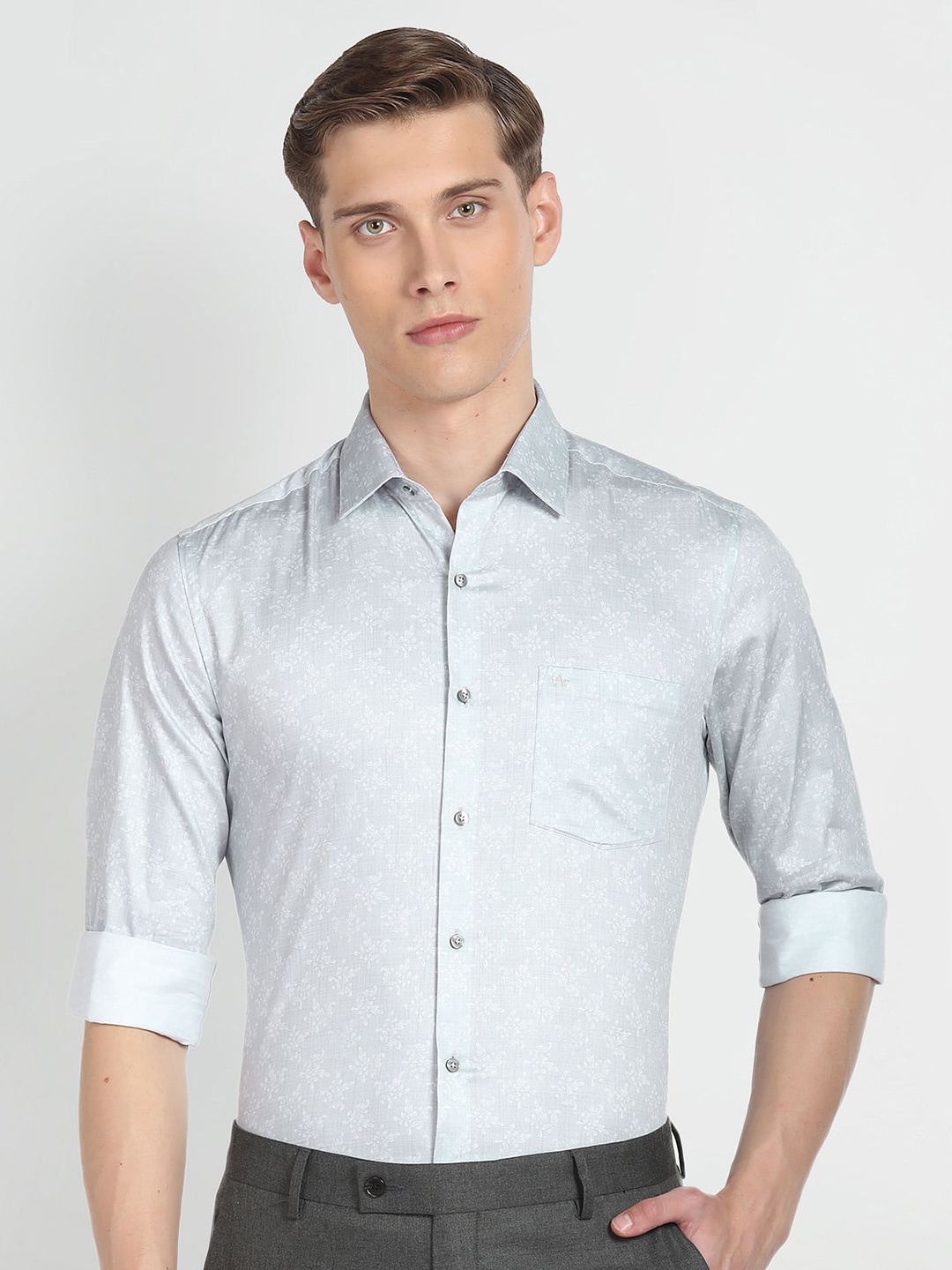 

Arrow Floral Printed Spread Collar Long Sleeves Slim Fit Opaque Formal Shirt, Grey