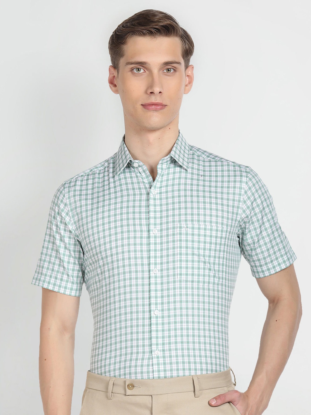 

Arrow Gingham Checks Slim Fit Cotton Twill Formal Shirt, Green