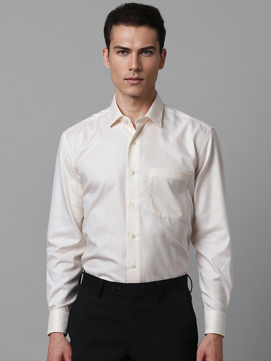 

Luxure by Louis Philippe Spread Collar Abstract Printed Cotton Classic Fit Formal Shirt, Cream