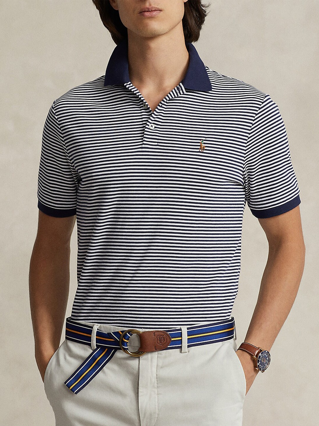 

Polo Ralph Lauren Striped Cotton Polo Collar T-shirt, Navy blue