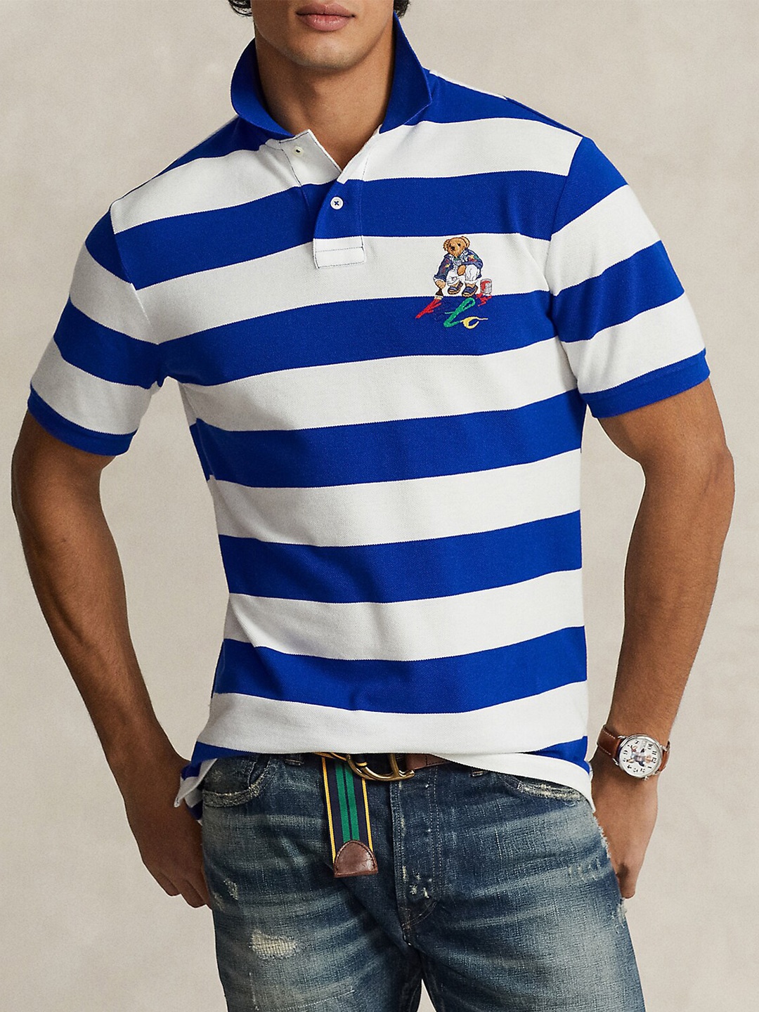 

Polo Ralph Lauren Striped Polo Collar Cotton T-shirt, Blue