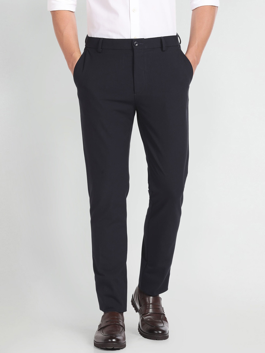 

Arrow New York Men Mid Rise Flat Front Slim Fit Formal Trousers, Blue