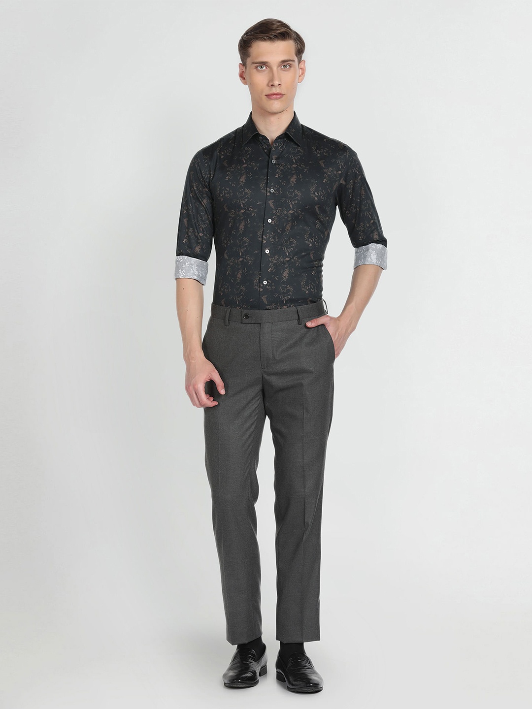 Arrow New York Floral Printed Spread Collar Twill Weave Cotton Slim Fit Formal Shirt, Brown