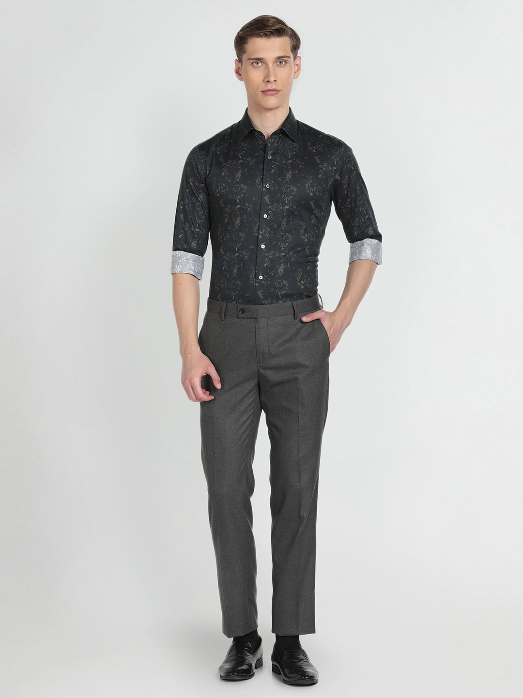 

Arrow New York Floral Printed Spread Collar Twill Weave Cotton Slim Fit Formal Shirt, Brown