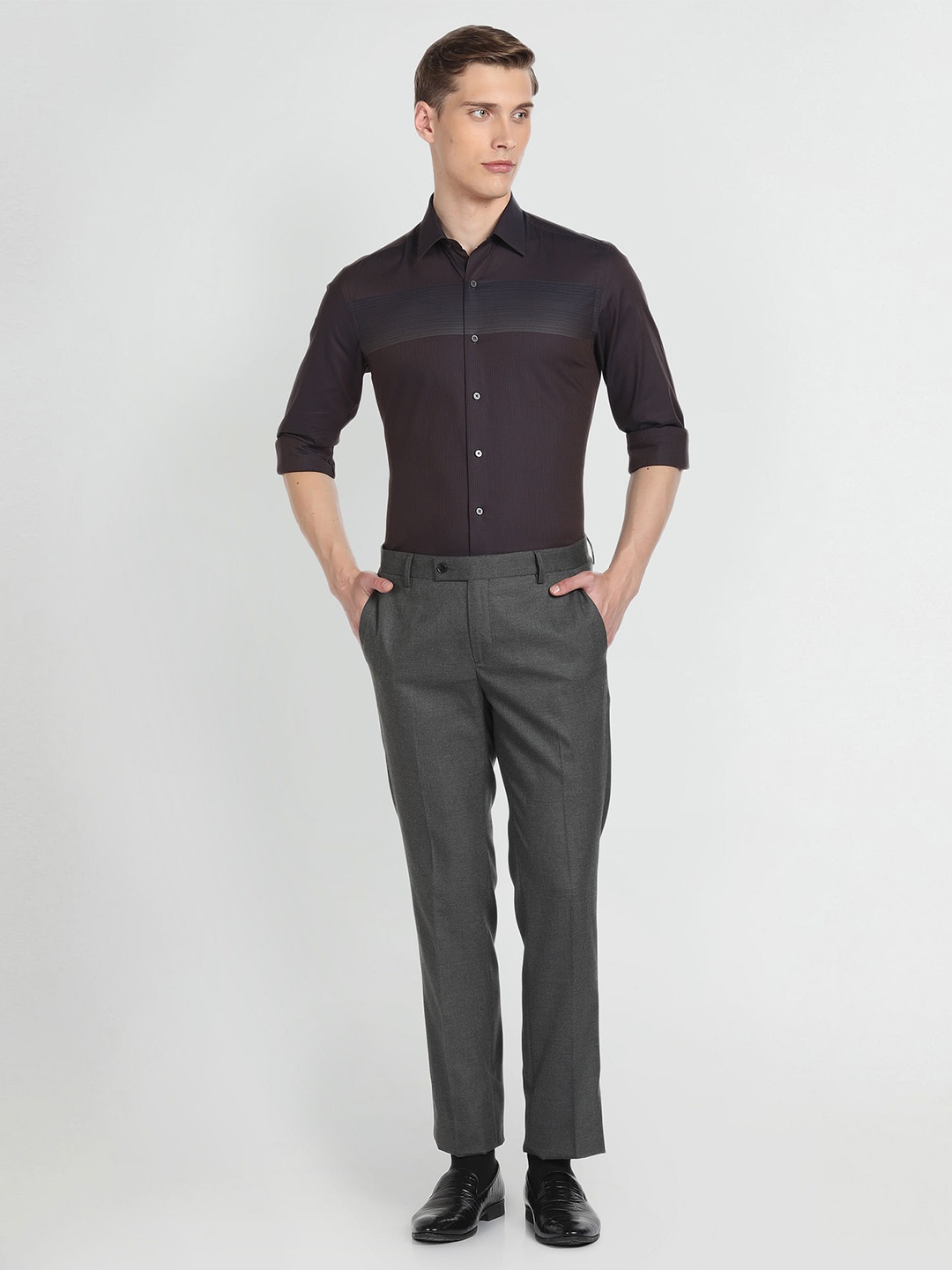 Arrow New York Slim Fit Horizontal Stripes Opaque Cotton Formal Shirt, Brown
