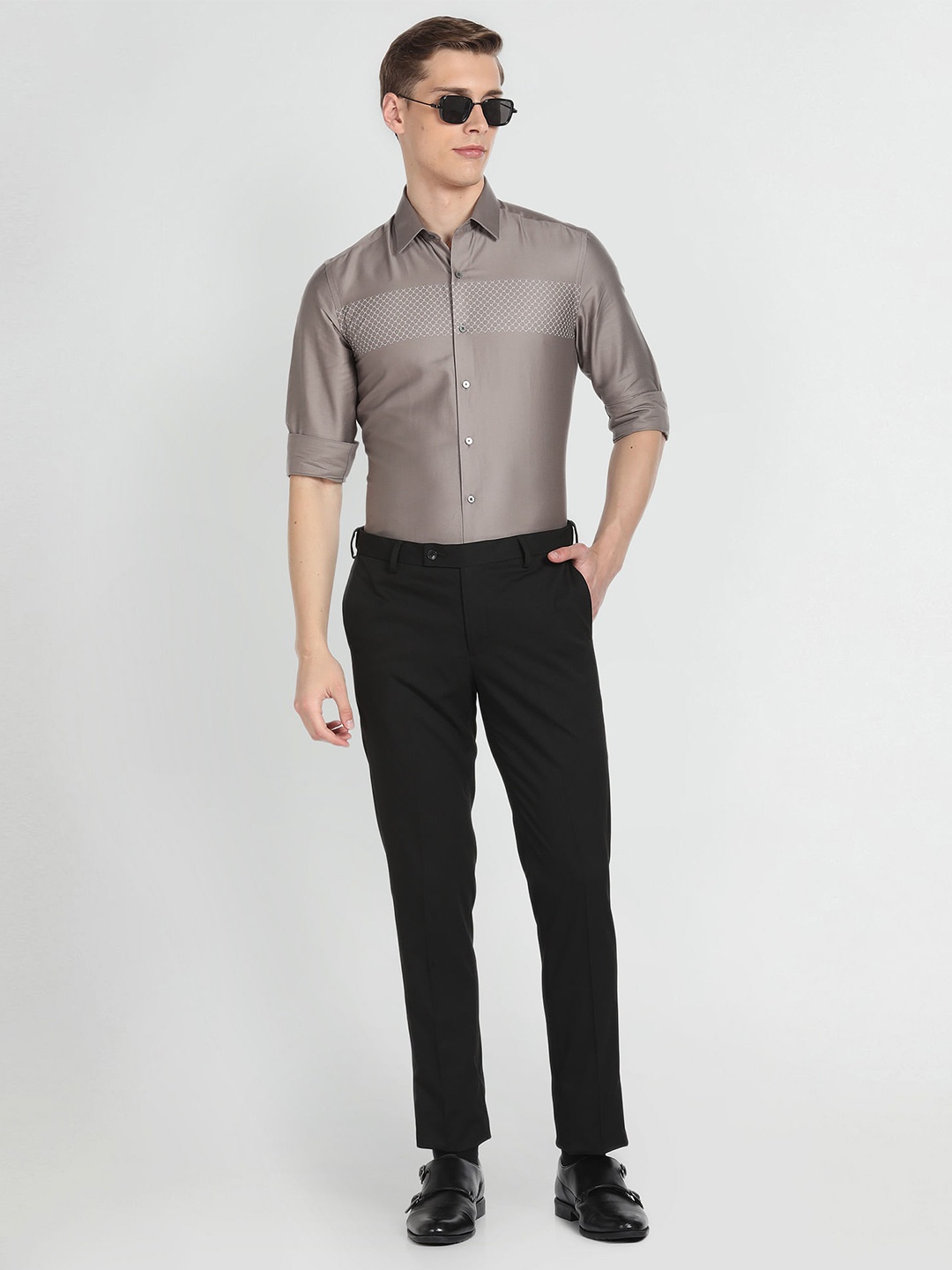 Arrow New York Printed Spread Collar Long Sleeves Cotton Slim Fit Formal Shirt, Grey