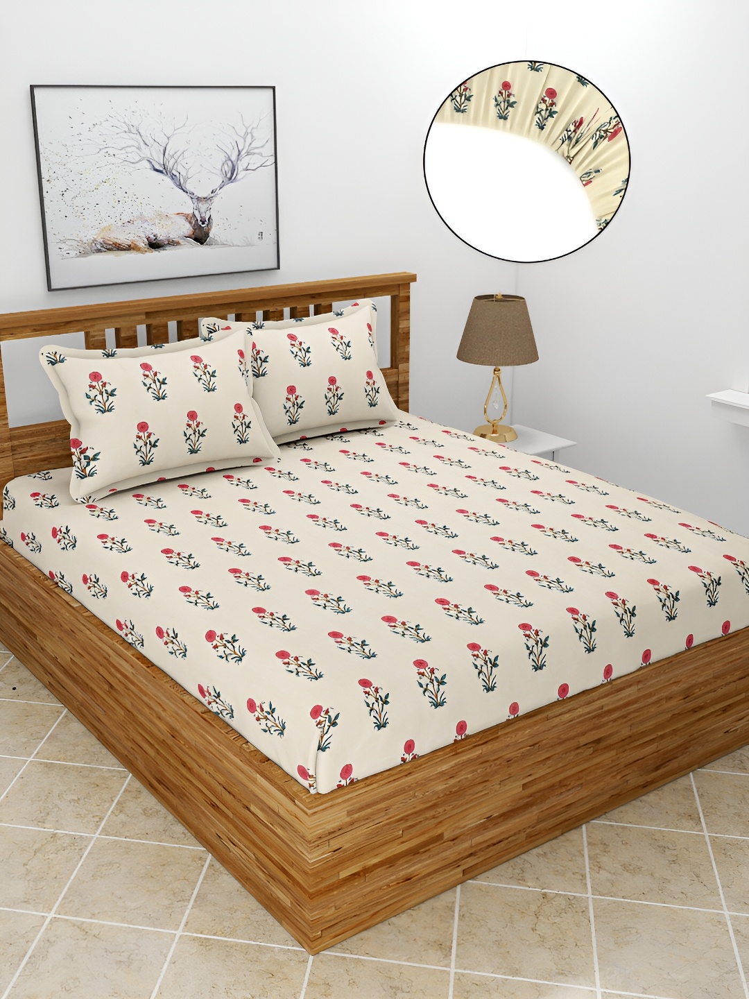 

BREVARD Cream Floral 210 TC Fitted Queen Bedsheet With 2 Pillow Covers