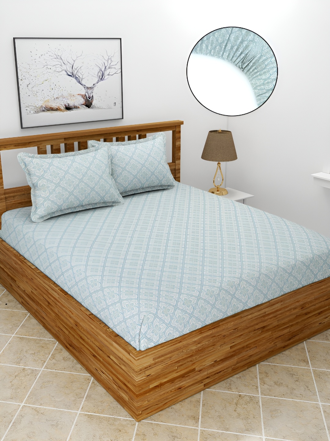 

BREVARD Blue Ethnic Motifs 210 TC Fitted Queen Bedsheet With 2 Pillow Covers
