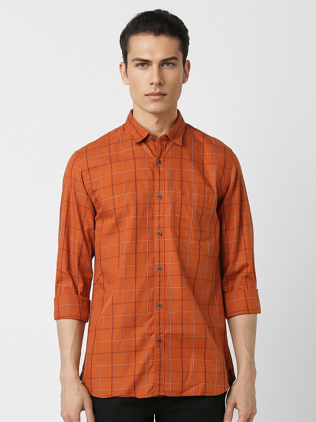 

Peter England Casuals Men Orange Slim Fit Opaque Checked Casual Shirt