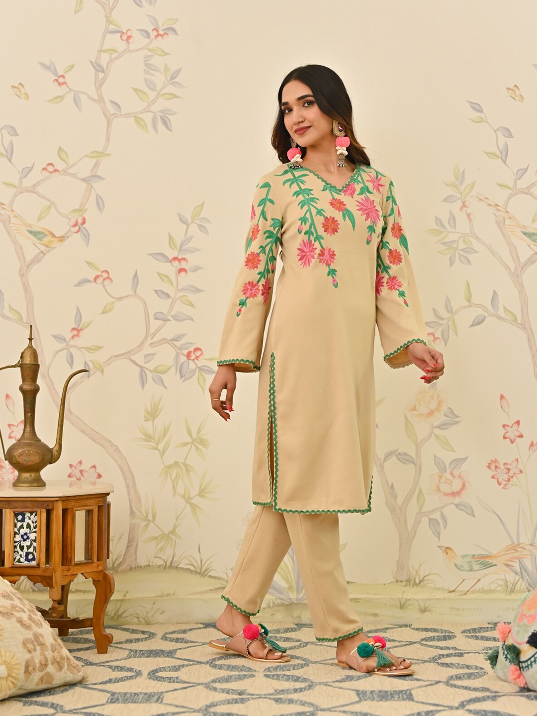 Rustorange Floral Embroidered V-Neck Regular Kurta, Beige