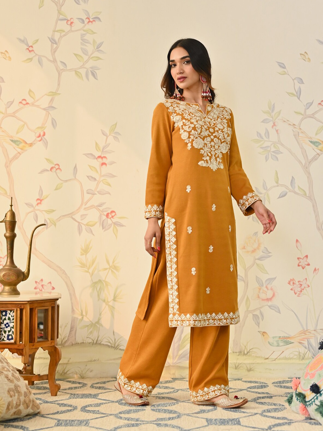 Rustorange Floral Embroidered Long Sleeves Straight Kurta, Mustard