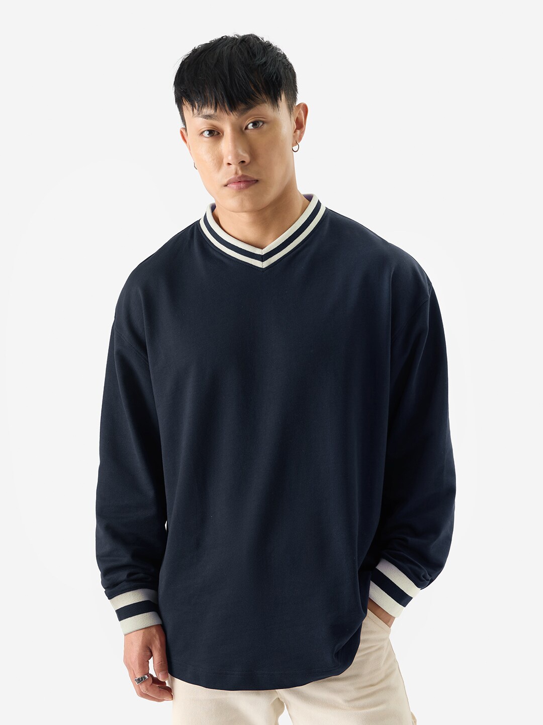 

The Souled Store V-Neck Pure Cotton Oversized T-shirt, Navy blue