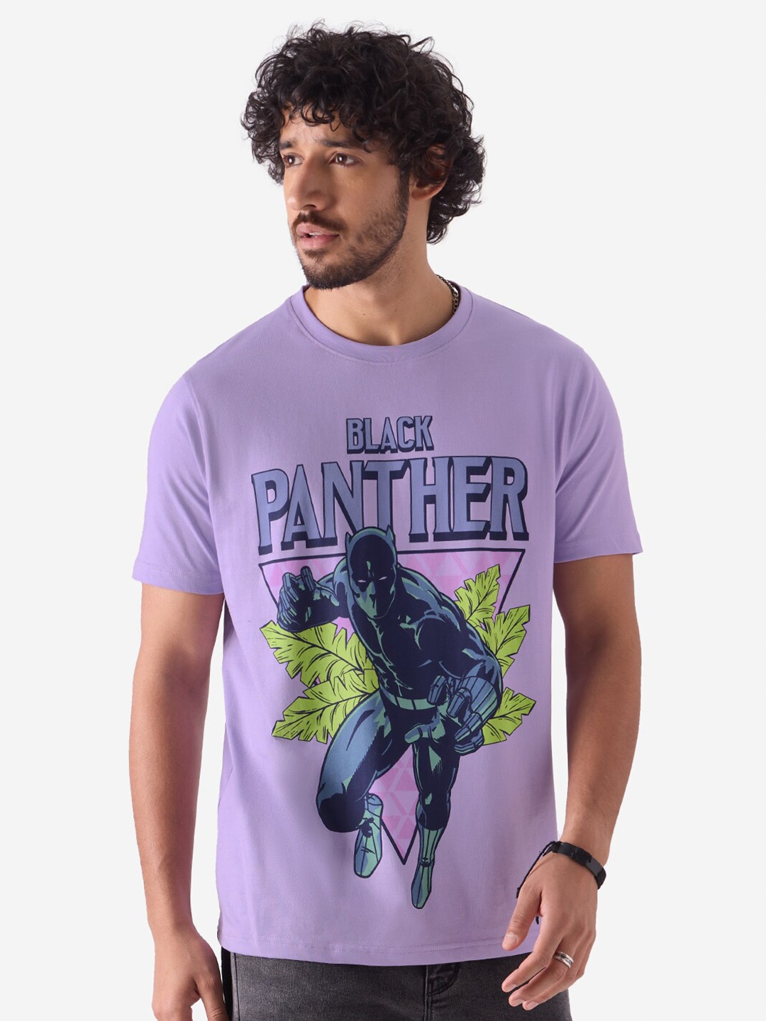 

The Souled Store Black Panther Printed Pure Cotton Casual T-shirt, Lavender