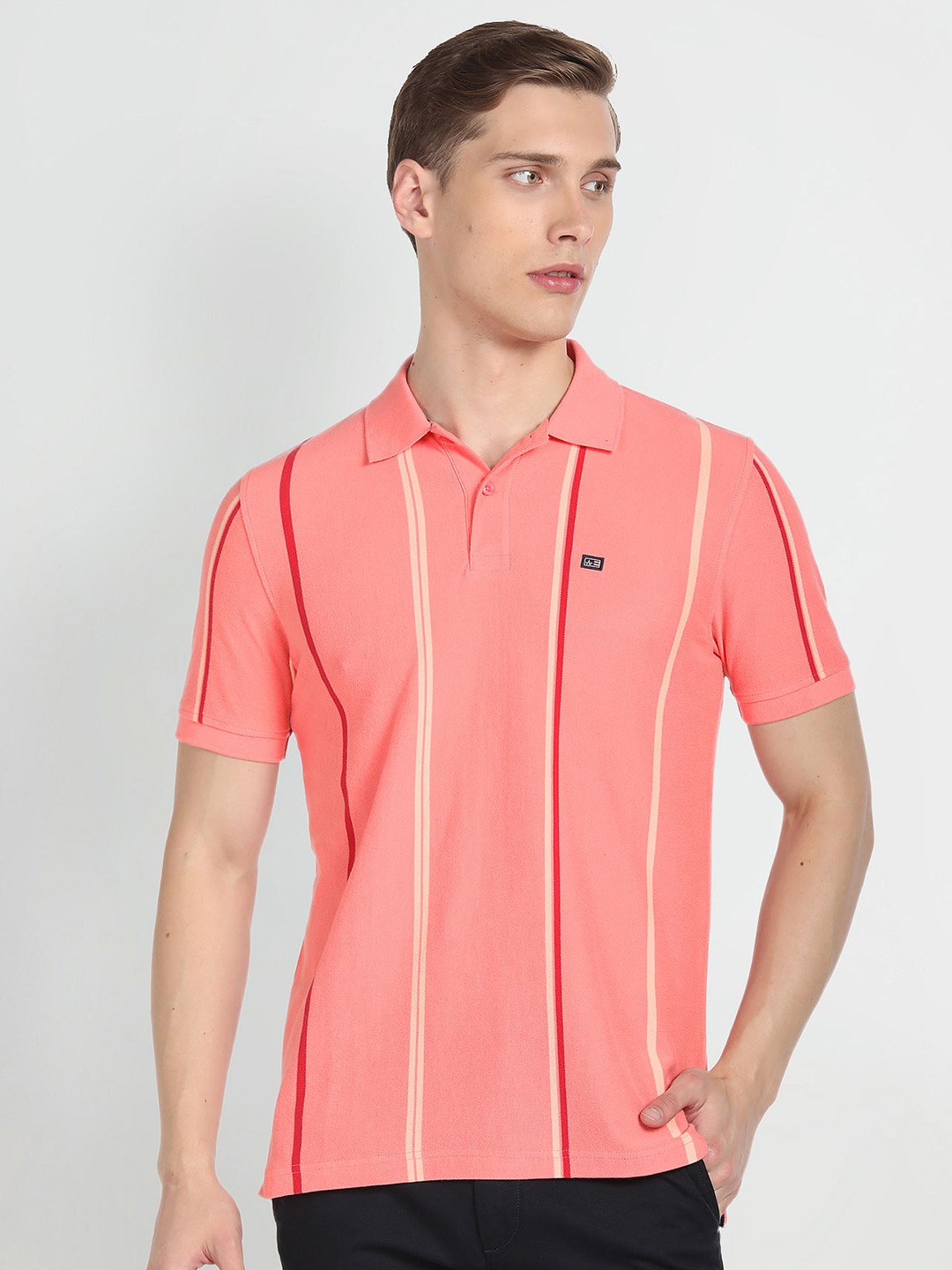 

Arrow Sport Striped Polo Collar Short Sleeves Cotton T-shirt, Pink