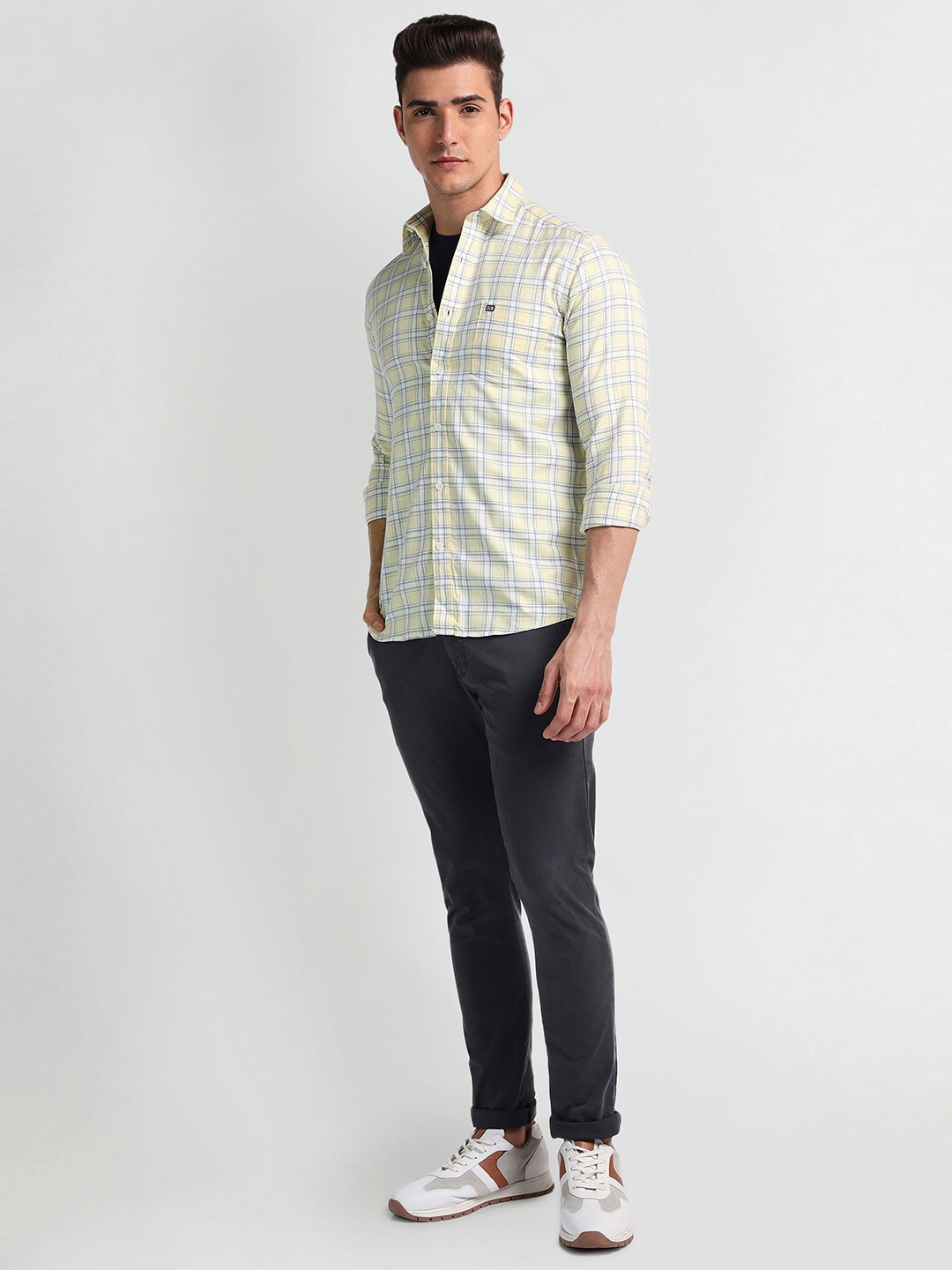 

Arrow Sport Slim Fit Checked Twill Weave Cotton Casual Shirt, Yellow