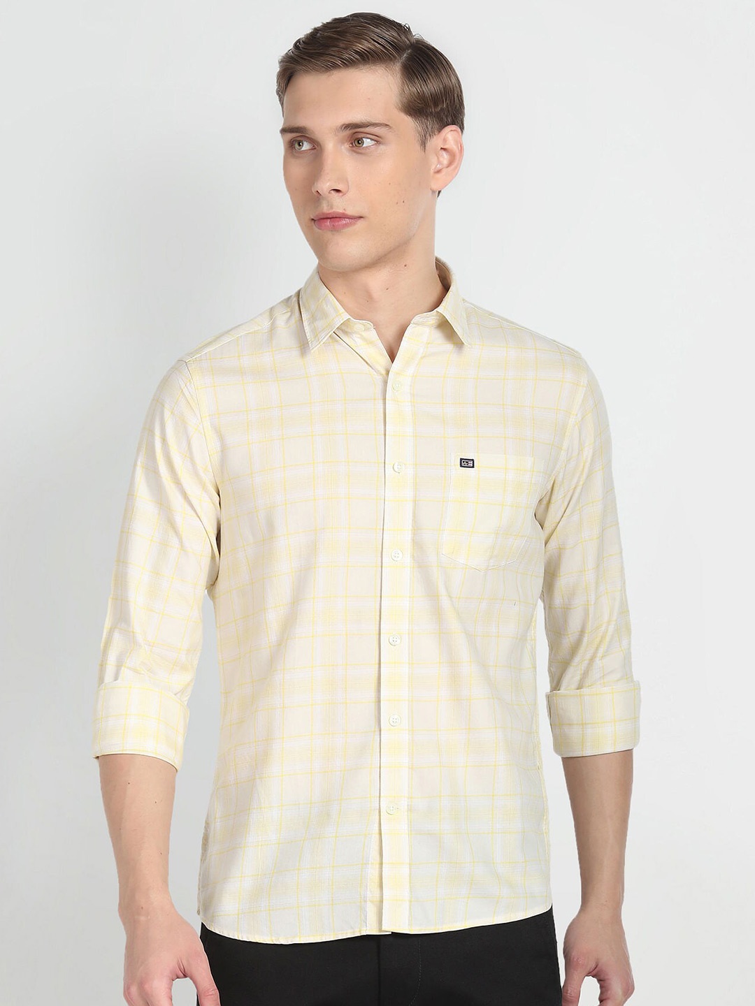 

Arrow Sport Slim Fit Checked Twill Weave Cotton Casual Shirt, Yellow