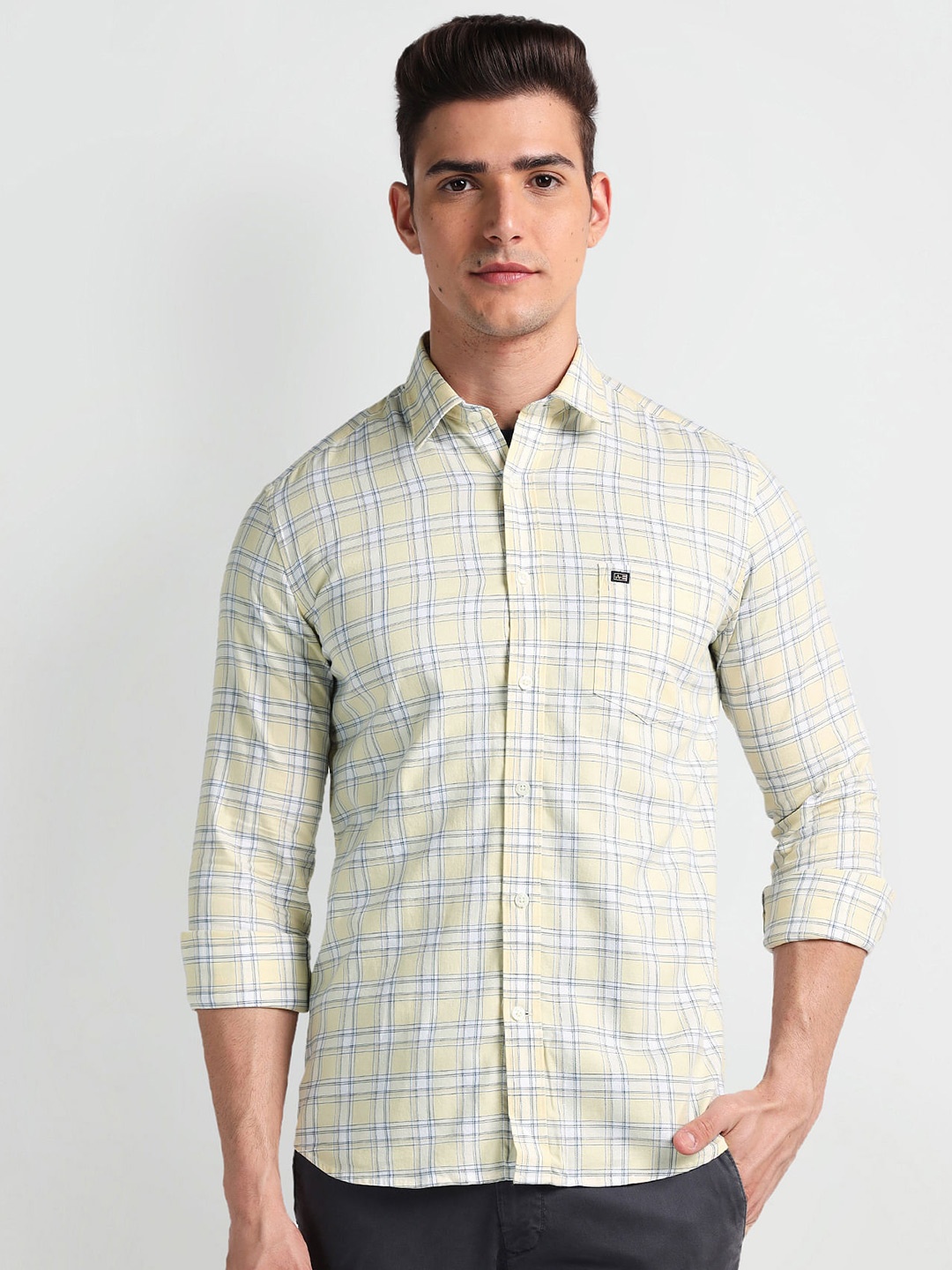 

Arrow Sport Slim Fit Checked Twill Weave Cotton Casual Shirt, Yellow