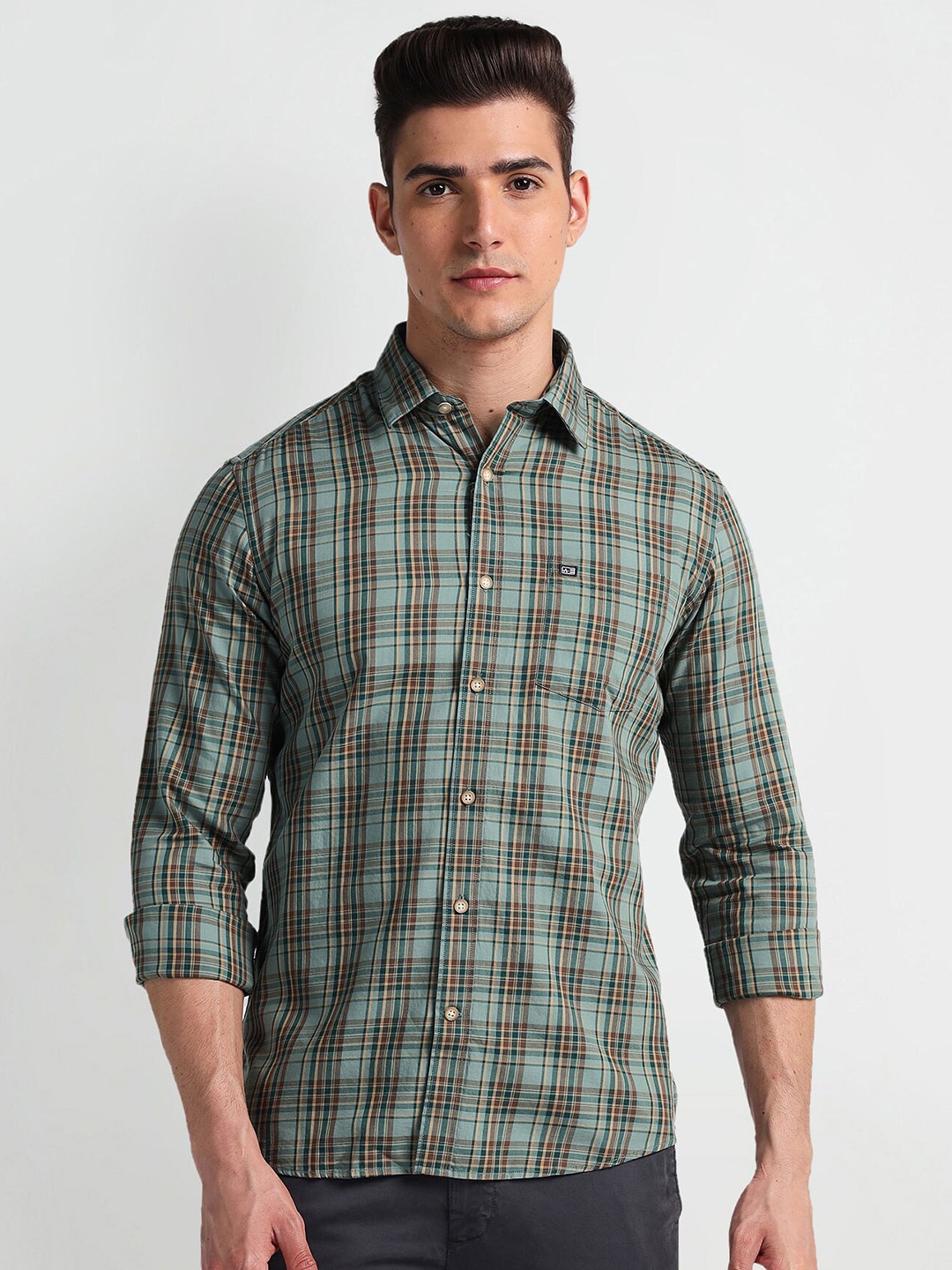 

Arrow Sport Slim Fit Tartan Checks Twill Weave Cotton Casual Shirt, Green
