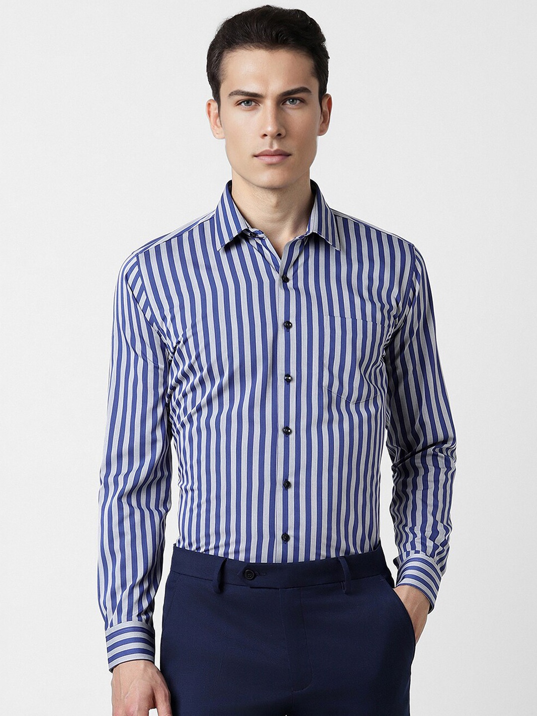 

Van Heusen Slim Fit Striped Printed Formal Shirt, Blue