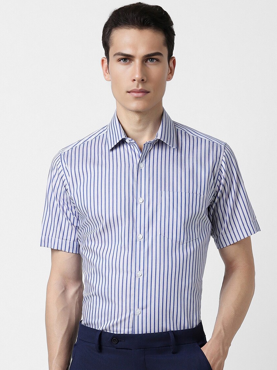 

Van Heusen Opaque Striped Long Sleeves Cotton Formal Shirt, Blue