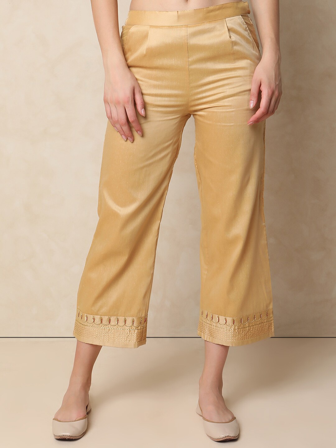 

Indifusion Women Mid-Rise Parallel Trousers, Gold