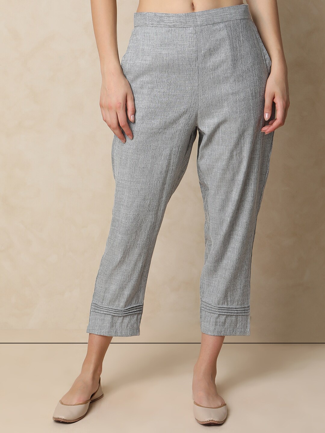 

Indifusion Women Striped Mid-Rise Cotton Culottes Trousers, Grey