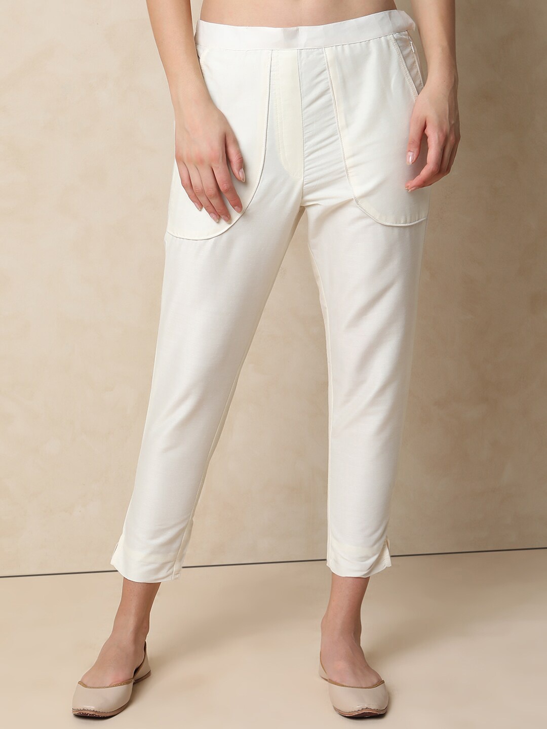 

Indifusion Women Flat Front Cropped Length Slip On Culottes Trousers, Off white