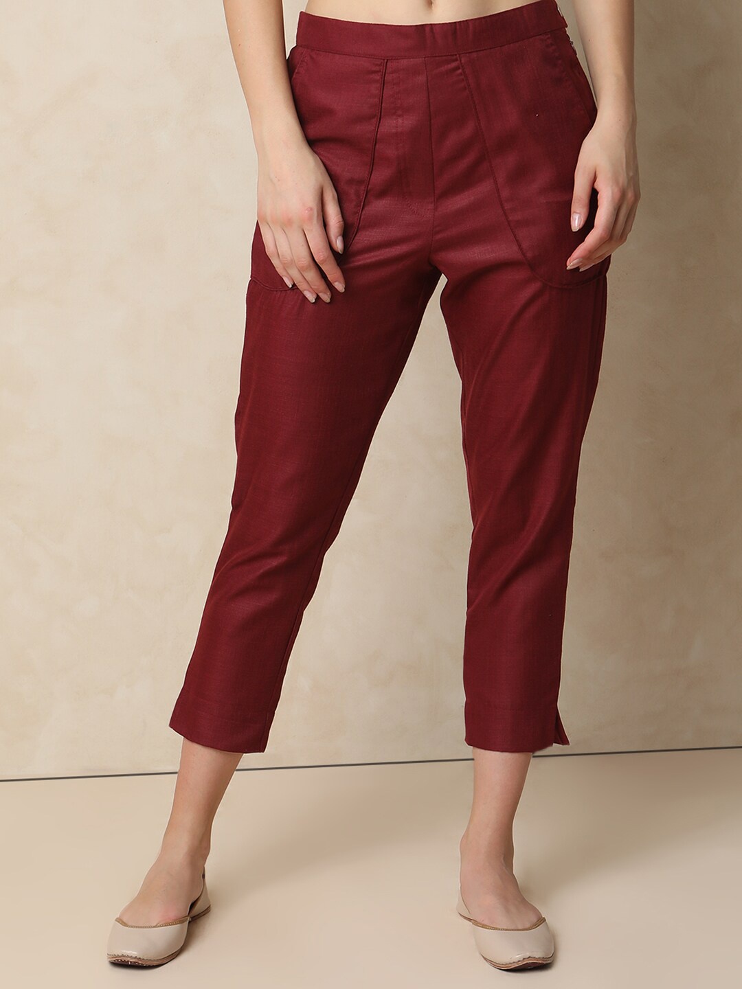 

Indifusion Women Ankle Length Slip On Culottes Trousers, Maroon