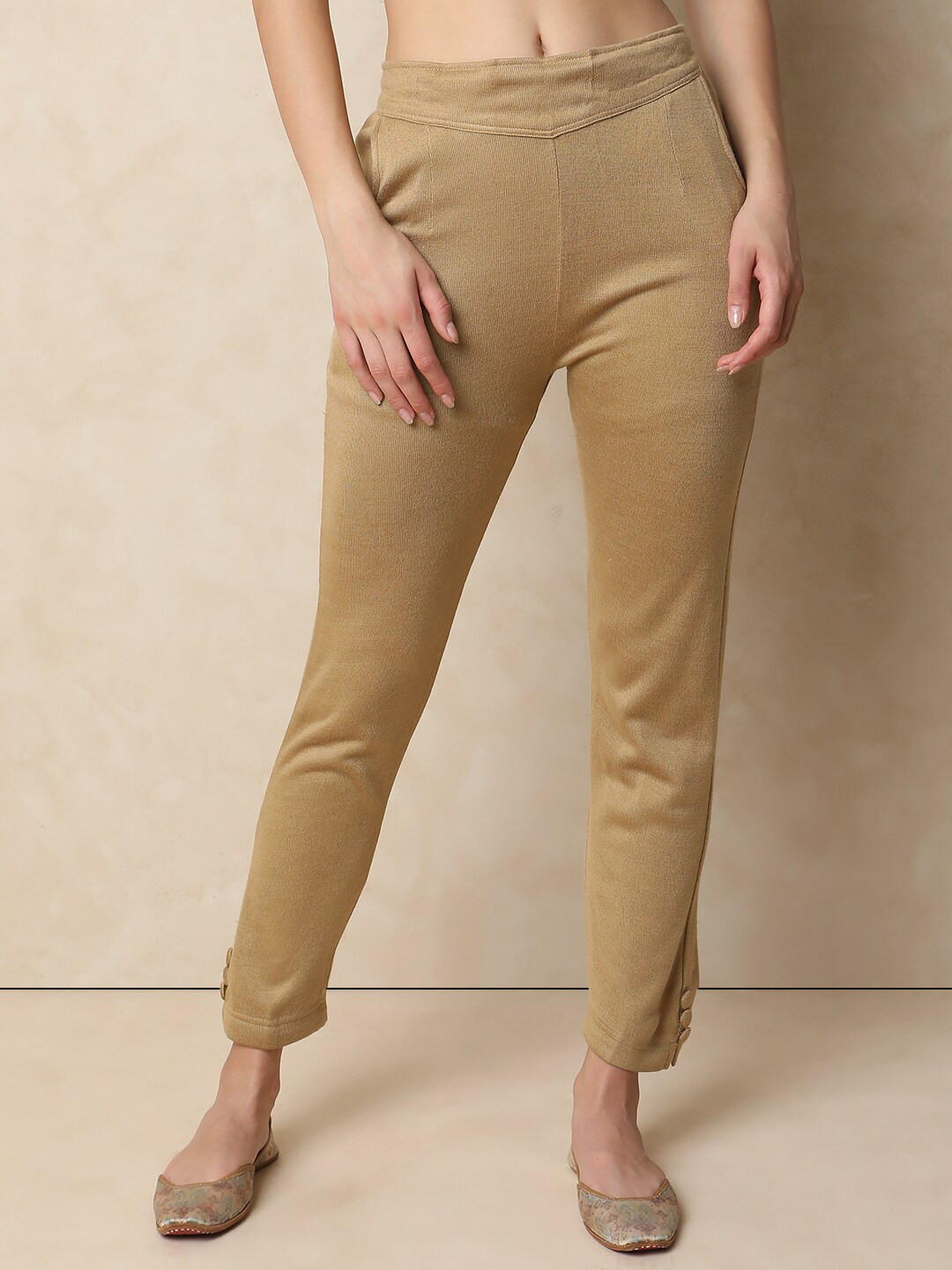 

Indifusion Women Self Design High-Rise Cotton Trousers, Gold