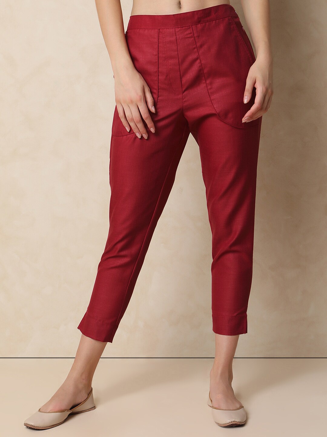 

Indifusion Women Three-Fourth Length Mid-Rise Culottes Trousers, Red