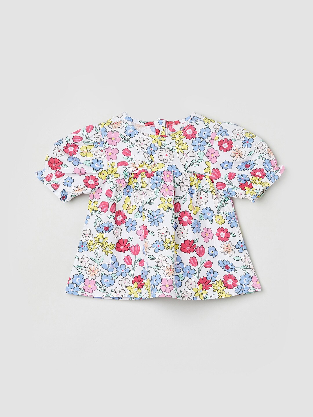 

max Girls Floral Print Puff Sleeve Cotton A-Line Top, White