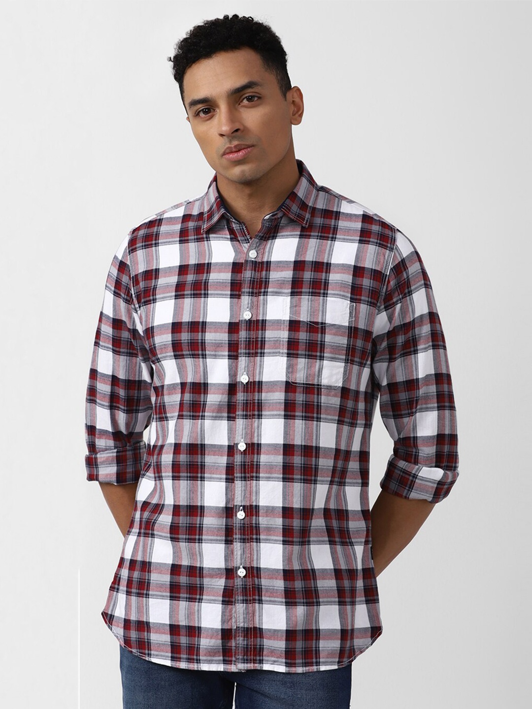 

VAN HEUSEN DENIM LABS Men Slim Fit Tartan Checks Opaque Cotton Casual Shirt, Red