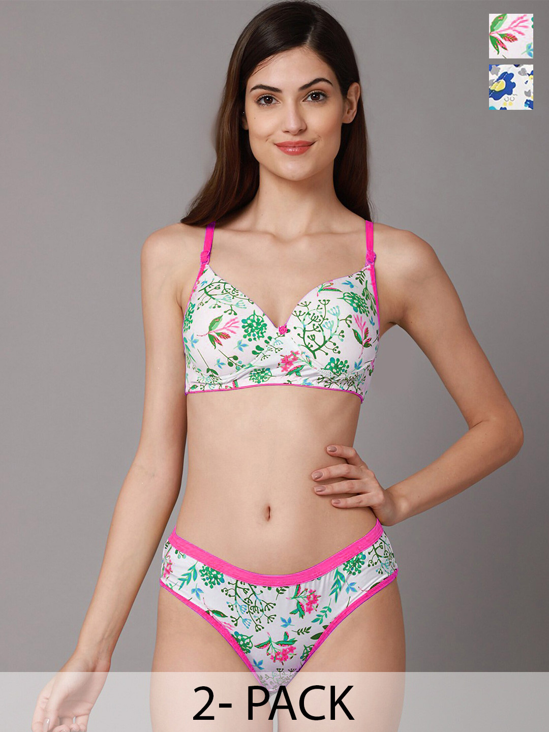 

PIBU Pack Of 2 Floral Printed Cotton Lightly Padded Bra & Mid-Rise Brief, Pink